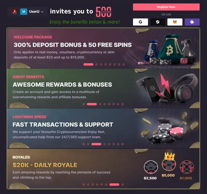 500 Casino Welcome Banner